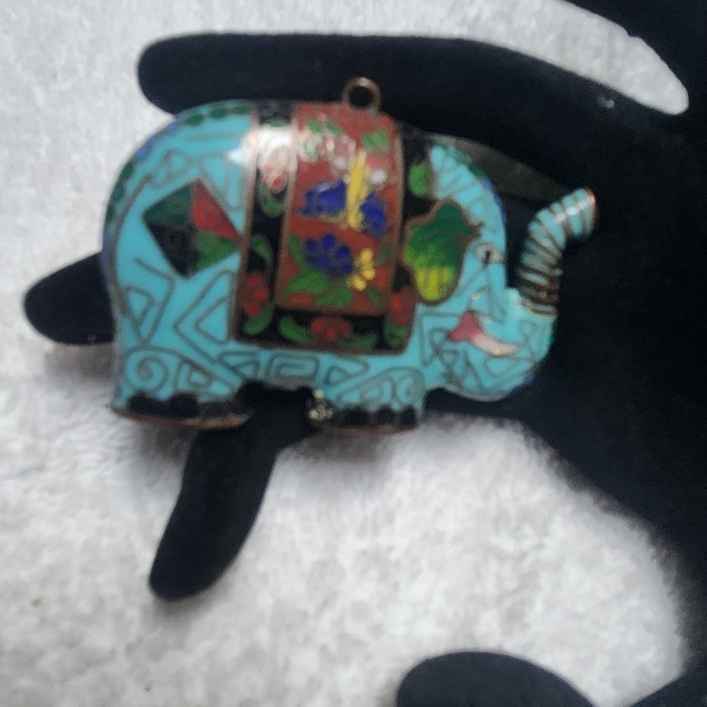 Vintage Cloisonne Elephant Pendant Turquoise Blue Enamel Lucky Charm Necklace